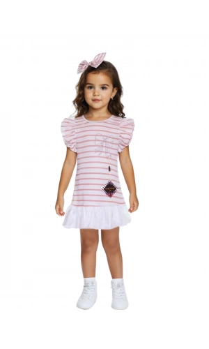 KOL FIRFIRLI KELEBEK DESENLİ KIZ ELBİSE