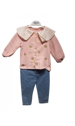 ÇİÇEK NAKIŞLI GÜPÜR YAKALI KIZ TAKIM