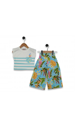 ÇİZGİLİ TROPİKAL DESENLİ KIZ TAKIM