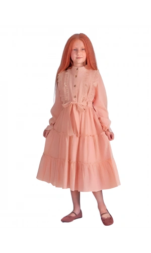 DÜĞMELİ FIRFIRLI KIZ KETEN ELBİSE