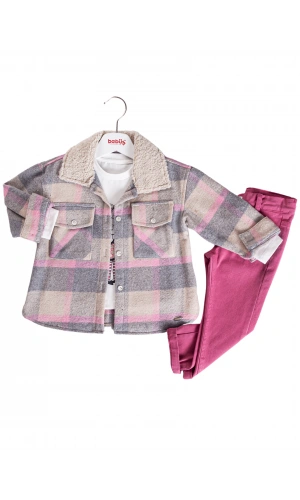 DÜĞMELİ HIRKALI JEANS PANTOLONLU 3LÜ KIZ TAKIM