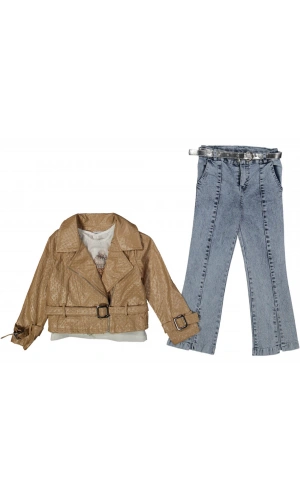 JEANS PANTOLONLU DERİ CEKETLİ 3LÜ KIZ TAKIM