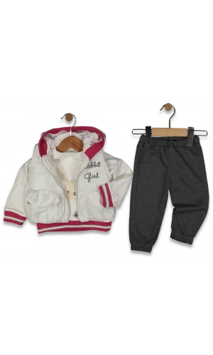 RABBIT NAKIŞLI KAPÜŞONLU YELEKLİ 3LÜ KIZ TAKIM