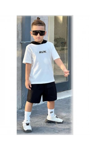 RUN BASKILI KAPÜŞONLU ŞORTLU ERKEK TAKIM