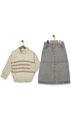 TRİKO YELEKLİ JEANS ETEKLİ 3LÜ KIZ TAKIM