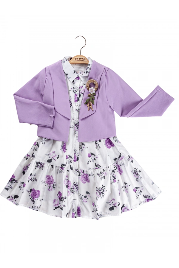 ÇİÇEK DESENLİ CEKETLİ DÜĞMELİ KIZ ELBİSE