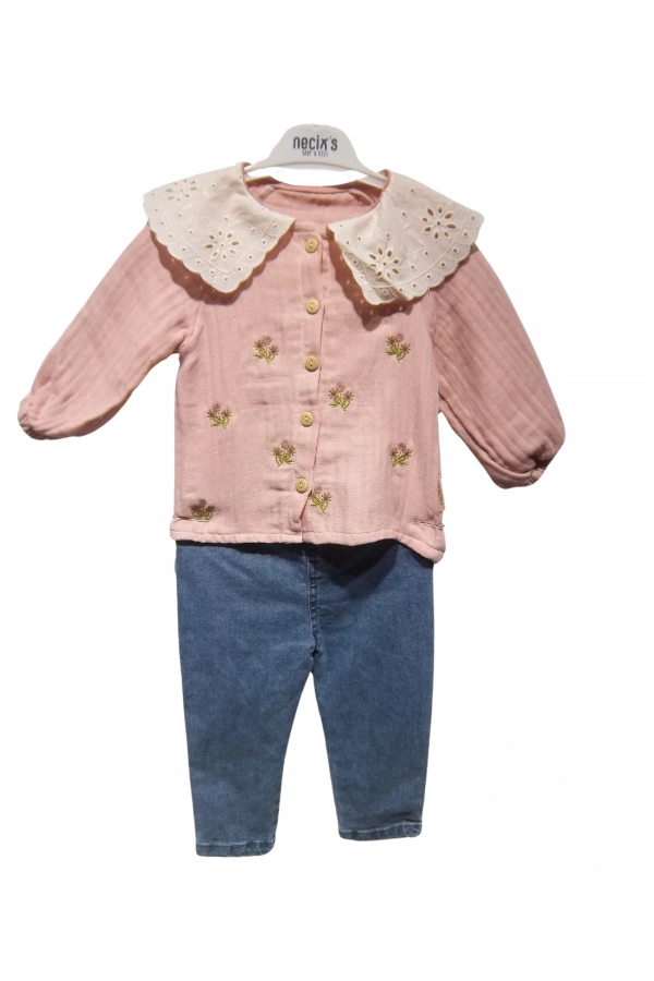 ÇİÇEK NAKIŞLI GÜPÜR YAKALI KIZ TAKIM