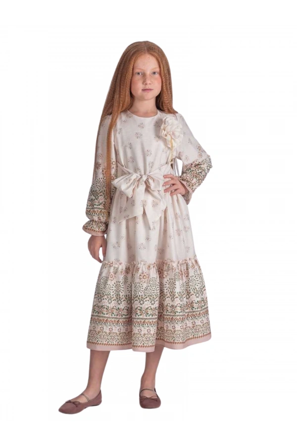 ÇİÇEKLİ KUŞAKLI KIZ ELBİSE