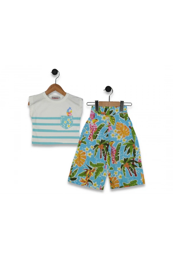 ÇİZGİLİ TROPİKAL DESENLİ KIZ TAKIM