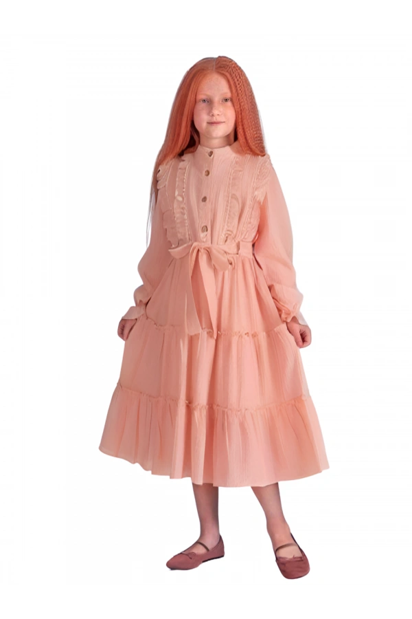 DÜĞMELİ FIRFIRLI KIZ KETEN ELBİSE