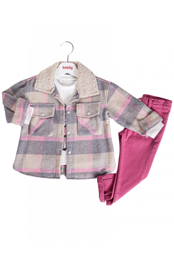 DÜĞMELİ HIRKALI JEANS PANTOLONLU 3LÜ KIZ TAKIM