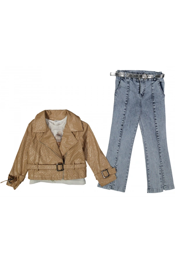 JEANS PANTOLONLU DERİ CEKETLİ 3LÜ KIZ TAKIM