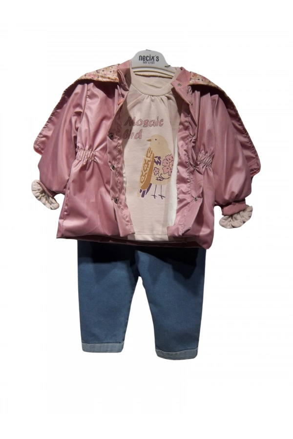 MOSAIC BIRD KAPÜŞONLU YAĞMURLUKLU KIZ TAKIM