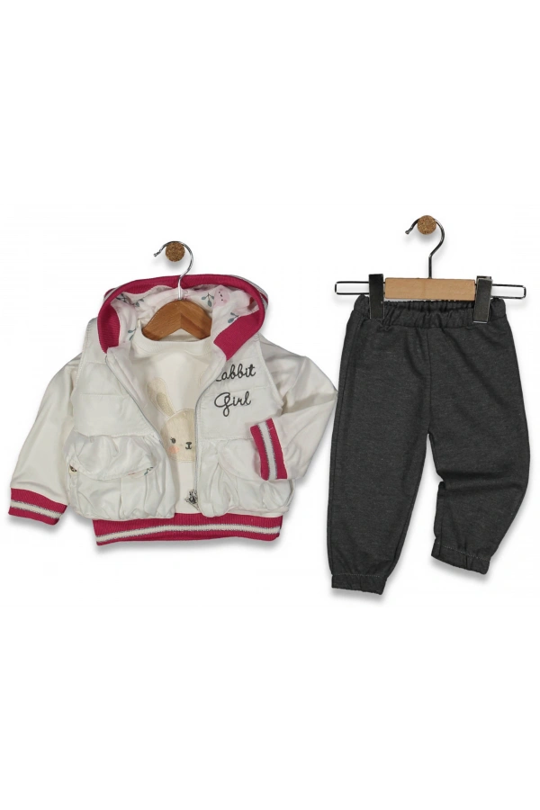 RABBIT NAKIŞLI KAPÜŞONLU YELEKLİ 3LÜ KIZ TAKIM