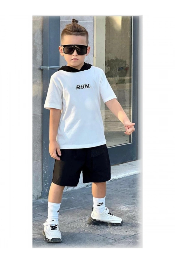 RUN BASKILI KAPÜŞONLU ŞORTLU ERKEK TAKIM