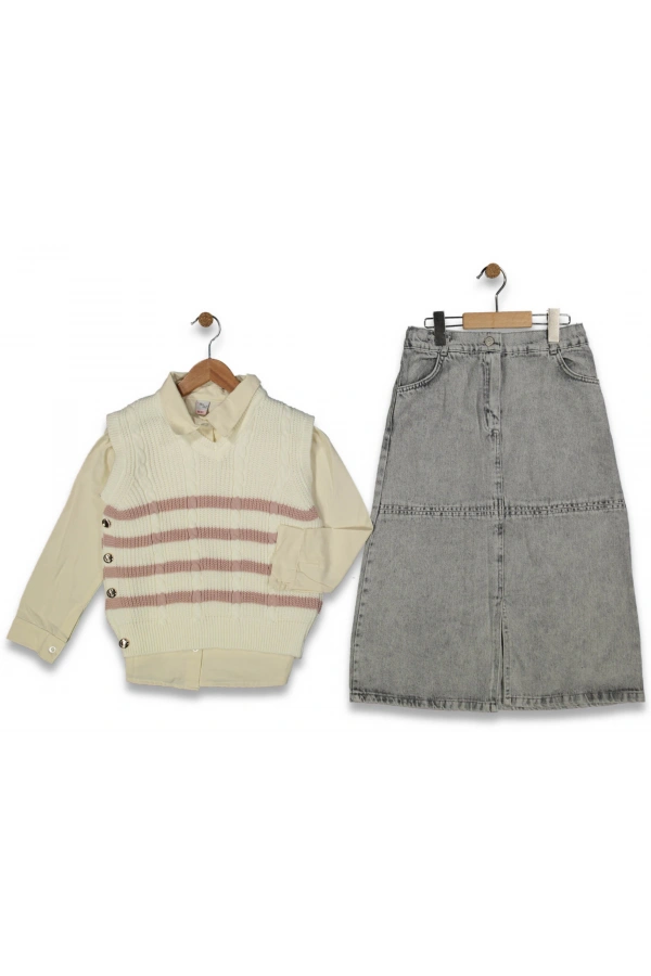 TRİKO YELEKLİ JEANS ETEKLİ 3LÜ KIZ TAKIM