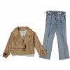 JEANS PANTOLONLU DERİ CEKETLİ 3LÜ KIZ TAKIM
