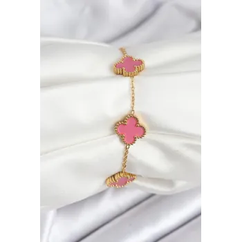 316L Çelik Gold Zincir Pembe Yonca Renk Bileklik