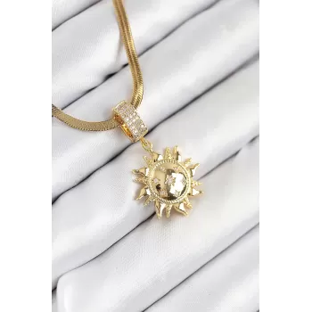 316L Çelik Zirkon Taşlı Güneş Model Gold Renk Kadın Kolye