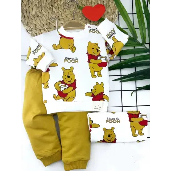 Luz&Pos 9-12-18-24 Ay Pooh Baskılı Yaka Çıtçıtlı Uzun Kollu Sweatli 2li Kız Erkek Bebek Takımı Sarı