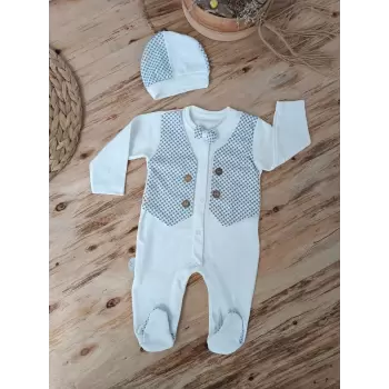 Luz&Pos 0-3 3-6 6-9 Ay Şapkalı Yelek Detaylı Boydan Çıtçıt Erkek Bebek Tulumu Ekru