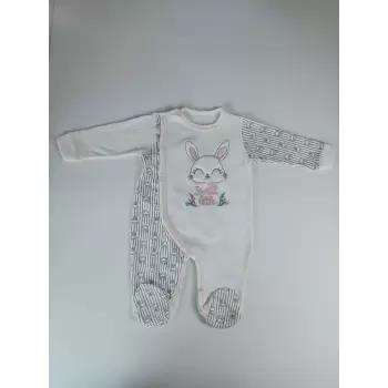 Luz&Pos 0-3 3-6 Ay Minik Tavşan Nakışlı Boydan Çıtçıt Kapamalı Kız Erkek Bebek Tulumu Ekru