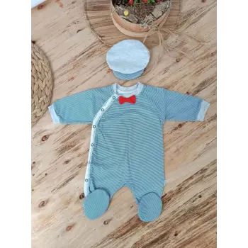 Luz&Pos 0-3 3-6 Ay Papyonlu Çizgi Desen Çıtçıt Kapama Kasketli Erkek Bebek Tulumu Lacivert
