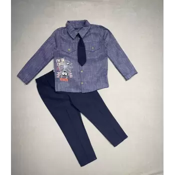 Luz&Pos 3-4-5 Yaş Kravatlı Keten Gömlek Gabardin Pantolon Uzun Kollu 3lü Erkek Çocuk Takımı Lacivert