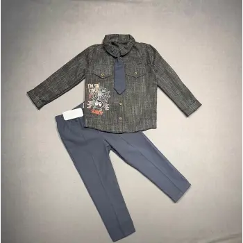 Luz&Pos 3-4-5 Yaş Kravatlı Keten Gömlek Gabardin Pantolon Uzun Kollu 3lü Erkek Çocuk Takımı Füme