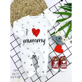 Luz&Pos 3-6-9-12 Ay Gümüş Yıldız I Love Mummy Baskılı Uzun Kollu Kız Erkek Bebek Tulumu Beyaz