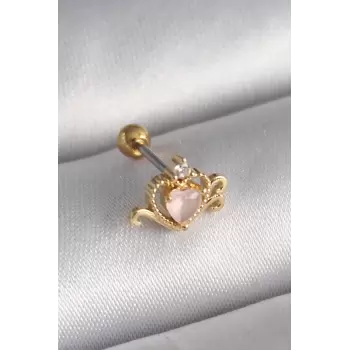316L Çelik Gold Renk Pembe Mineli Kalp Zirkon Taş Detay Tragus Piercing