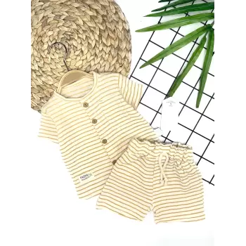Luz&Pos 9-12-18-24 Ay Düğme Detaylı Çizgili Müslin Kumaş Yazlık 2li Erkek Bebek Takımı