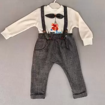 Luz&Pos 9-12-18 Ay Papyonlu Sweat Kot Pantolon 2li Erkek Bebek Salopet Takımı Gri
