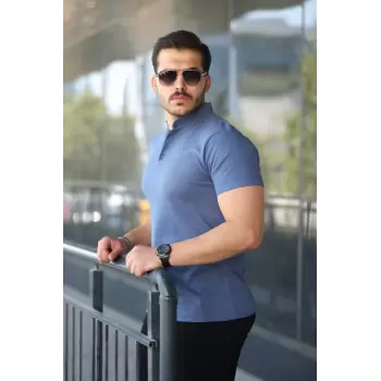 Erkek Hakim Yaka Dokuma Pamuklu Kumaş Kısa Kollu Tişört