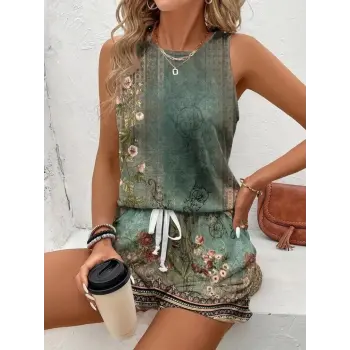 Kadın Askılı Yuvarlak Yaka çiçek Baskılı Süprme Bluz Ve Short Ikili Takım