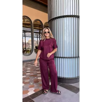 Kadın Kısa Kollu Bisiklet Yaka Omuzdan Düğmeli Viskon Iki Iplik Kısa Bluz Ve Pantolon Ikili Takım