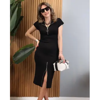 Kadın Kısa Kollu Yakadan Ve Eteği Fermuarlı Viskon Iki Iplik Midi Elbise