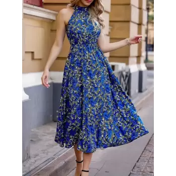 Kadın Omuzlardan Açık Daire Yaka Desenli Maxi Süprem Elbise