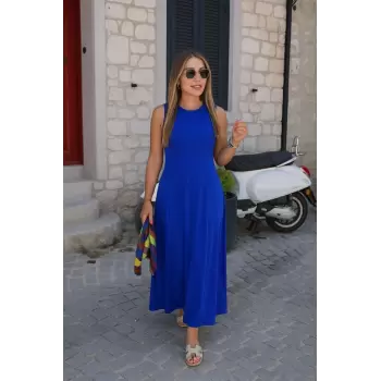 Kadın Sıfır Kollu Bisiklet Yaka Viskon Elbise