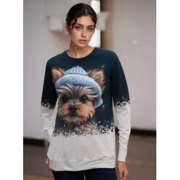 Kadın Uzun Kollu Bisiklet Yaka Köpek Baskılı şardonlu Dalgıç Bluz