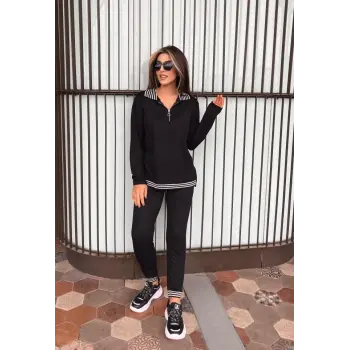Kadın Uzun Kollu Ribana Ve Fermuar Detay Bluz Ve Yüksel Bel Pantolon 2li Takım