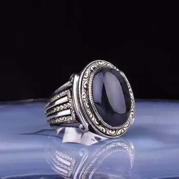 Luz&Pos Gümüş Onix Taşlı Oval Erkek Yüzük