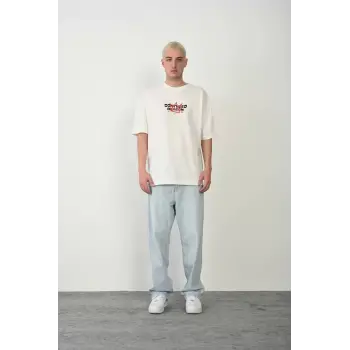Luz&Pos Unisex Bisiklet Yaka Baskılı Oversize T-shirt - Beyaz
