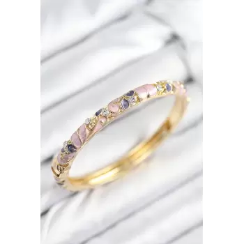 Mineli Pirinç Zirkon Taşlı Fuşya Mor Çiçek Motifli Gold Kadın Kelepçe