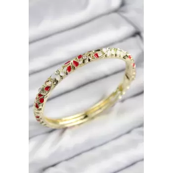 Mineli Pirinç Zirkon Taşlı Kırmızı Çiçek Motifli Gold Kadın Kelepçe