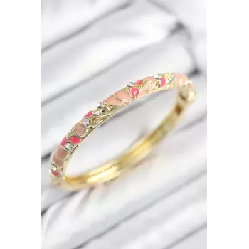 Mineli Pirinç Zirkon Taşlı Pembe Çiçek Motifli Gold Kadın Kelepçe