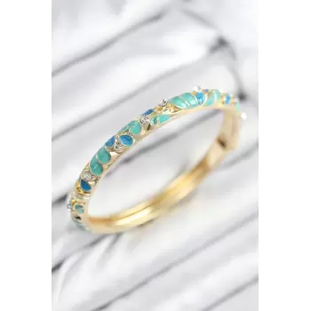 Mineli Pirinç Zirkon Taşlı Turkuaz Mavi Çiçek Motifli Gold Kadın Kelepçe