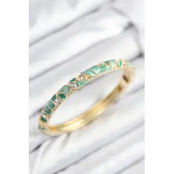 Mineli Pirinç Zirkon Taşlı Zümrüt Yeşili Çiçek Motifli Gold Kadın Kelepçe