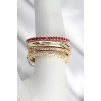 Pirinç Gold Renk Zirkon Taşlı 4Lü Kadın Yüzük