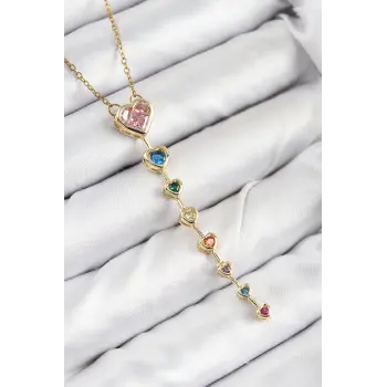 Pirinç Renkli Zirkon Taşlı Kalp Model Gold Renk Kadın Y Kolye